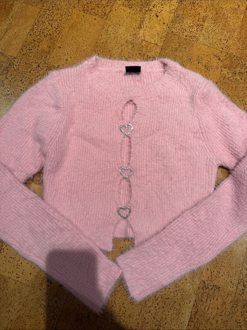 Pink Heart-Button Fuzzy Crewneck Sweater